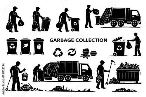 Silhouette recycling and garbage collection process with workers and trucks.