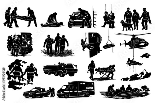 Emergency rescue operations featuring professionals and vehicles in action.