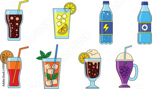 Refreshing Soft Drink and Energy Beverage Vector Icon Set Featuring Cola, Lemonade, Sport Drinks, and Grape Soda for Cafe Menus and Summer Party Graphic Designs