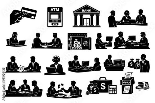 Silhouettes depicting various banking and financial activities.
