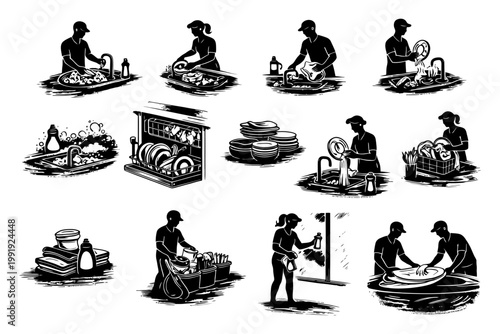 Silhouette illustrations of diverse people performing various household chores.