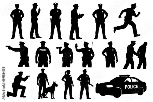 Silhouetted police officers and dog in various action poses.