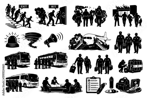 Emergency evacuation and safety procedures illustrated with icons and symbols.
