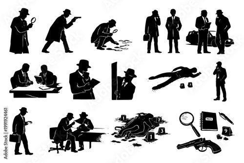 Silhouettes of detectives and crime scenes with investigative elements.