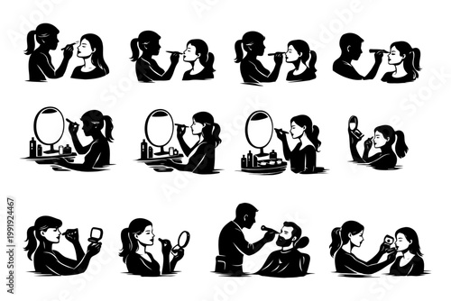 Silhouettes of people applying makeup and grooming in various poses.