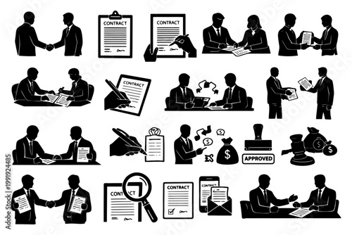 Business contract negotiation and signing process icons in silhouette style.