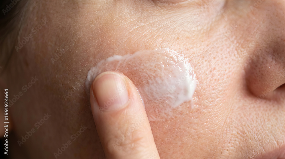 Fototapeta premium Detail of woman hand applying nourishing skincare cosmetic cream on face, facial skin texture close up detail.