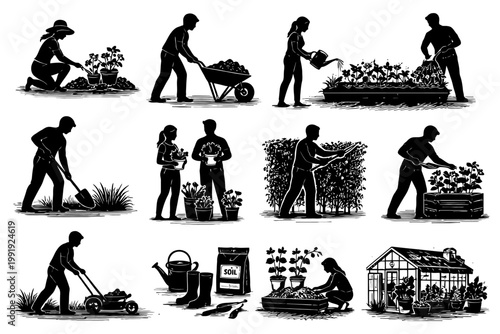 Various gardening activities depicted in black silhouettes with adult male and female figures.