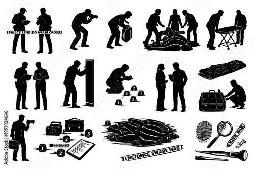 Silhouette crime scene investigation police officers evidence collection.