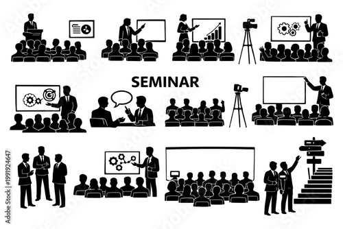 Business seminar presentation and networking silhouettes and interactions.