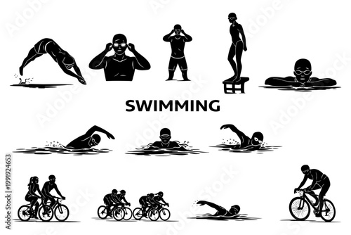 Silhouettes of athletes swimming and cycling in various poses.