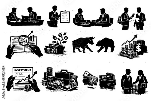 Business strategy and investment icons: charts, money, stocks, plans, international negotiation.