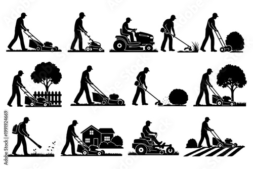 Silhouette lawn care activities: mowing, trimming, leaf blowing by male lawn maintenance workers.