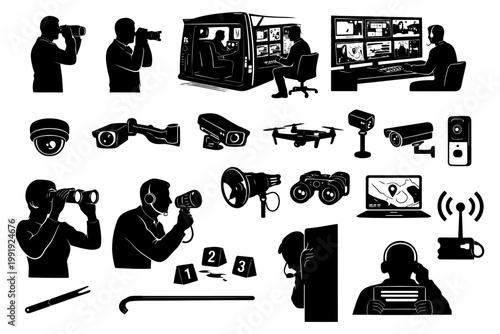Surveillance equipment and monitoring personnel silhouettes.