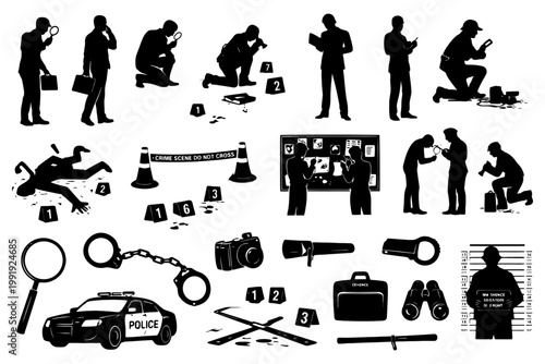 Crime scene investigation silhouettes with detectives and evidence tools.
