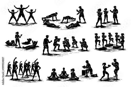 Silhouette workout routine with diverse adults in various exercise poses.