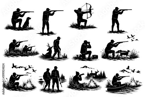 Silhouetted outdoor hunting activities: rifle, bow, wildlife, and companionship.