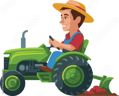 A smiling farmer cheerfully drives a green tractor through the farmland