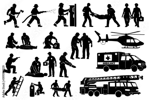 Silhouettes of emergency responders: firefighters, emts, police, and rescue vehicles.