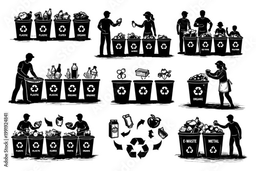 Recycling process: diverse people sorting waste into bins for sustainability.