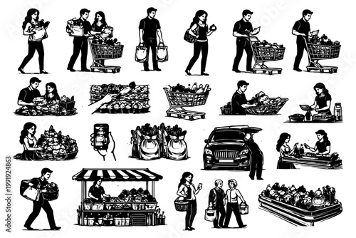 Silhouette scenes of shopping activities: diverse actions and interactions.
