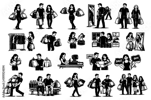 Group of diverse adults shopping with bags and sale signs in various situations.