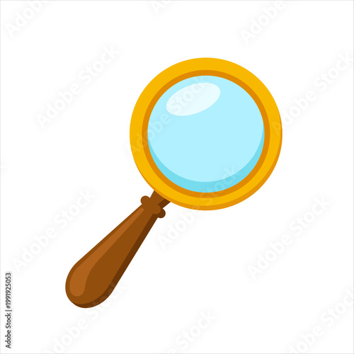 Magnifying glass cartoon icon blue lens gold rim brown handle.