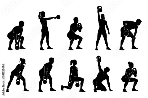 Silhouettes of diverse individuals exercising with kettlebells in various poses.