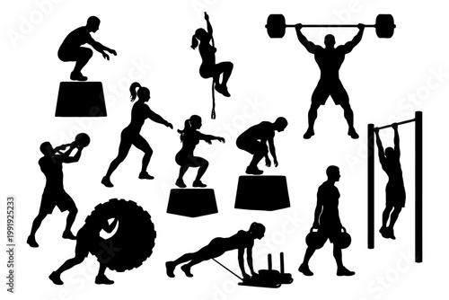 Silhouette fitness exercises: diverse workout poses and training equipment.