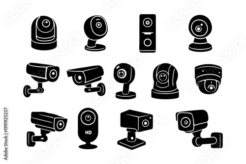 Various security camera silhouettes collection on white background.