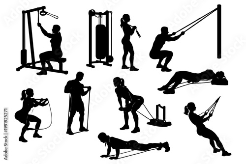 Silhouette gym workout: men and women exercising with equipment.