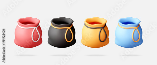 3D Set of colorful cloth sacks with drawstring cord. Money bags for banking, finance, shopping, and retail concept. Creative rendering of empty pouch icons. Vector illustration