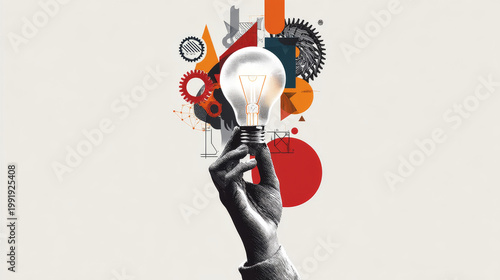 Trendy Halftone Collage Woman Hand holds Light bulb. Idea innovation and inspiration concept. Automation of business processes. Lamp with gear. Vertical poster. Contemporary vector art illustration
