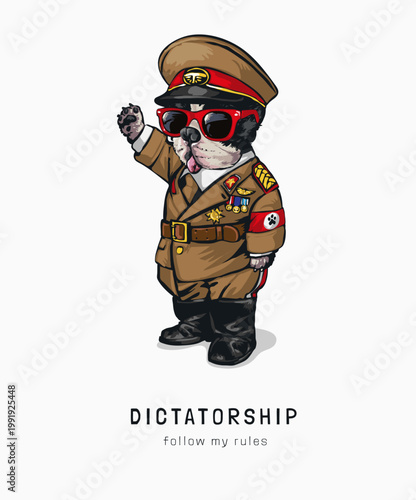 dictatorship slogan with cartoon dog in military uniform vector illustration - drawn by hand not generative AI