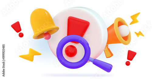 3d Emergency exclamation Bell with an exclamation mark, speaker and magnifying glass