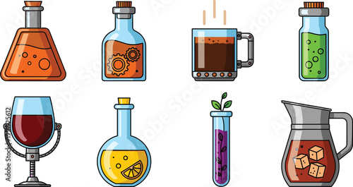 Steampunk Alchemy Beverage and Magic Potion Vector Icon Set Featuring Industrial Style Glass Bottles, Mechanical Laboratory Flasks, and Fantasy Drinks for Gaming and Creative Designs