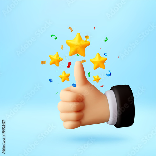 3D Businessman hand showing thumb up gesture with gold stars and confetti. Concept of positive feedback, customer satisfaction, rating, excellent service and business success. Vector illustration.