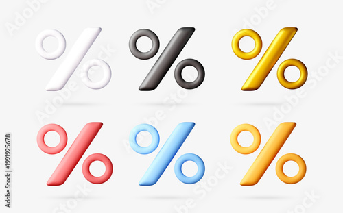 Set of 3d percentage symbol icons in different colors. Multi colored discount signs for creative design. Digital business element for sale, marketing, finance, and web promotion. Vector illustration
