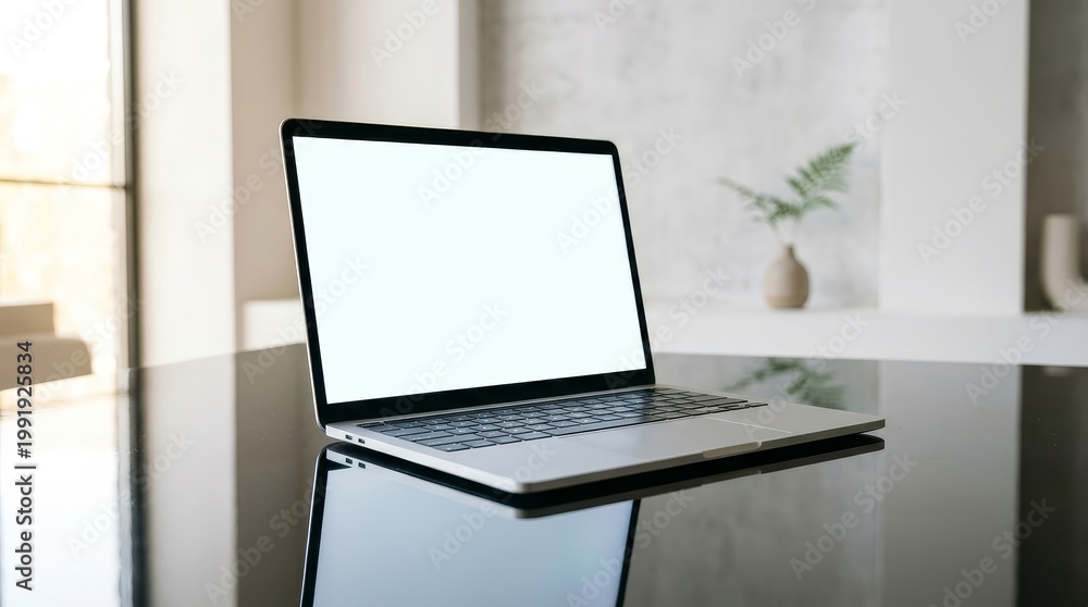 Fototapeta premium A modern laptop rests on a glossy surface with a clean display