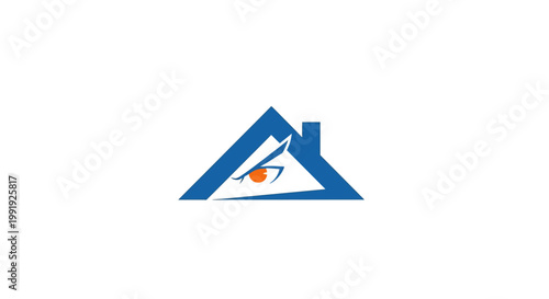 Modern Blue House Logo with an Eye Symbol for Security.