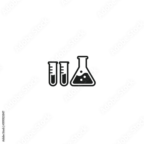 Black and white illustration depicting two test tubes and a conical flask with liquids high quality