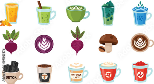 Superfood Latte and Wellness Hot Beverage Vector Icon Set Featuring Matcha, Beetroot, Turmeric, Mushroom Coffee, and Charcoal Detox Drinks for Healthy Cafe Menu and Nutrition Designs