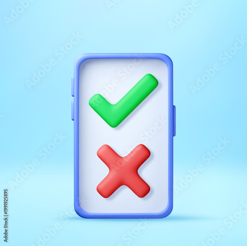 Smartphone with 3d green check mark and red cross icon on screen. Choice between correct and incorrect option. Digital survey, feedback interface concept for mobile application. Vector illustration