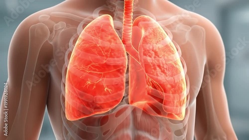 Medical illustration of human lungs and respiratory system anatomy, suitable for medical education, healthcare research, hospital video, biology study.