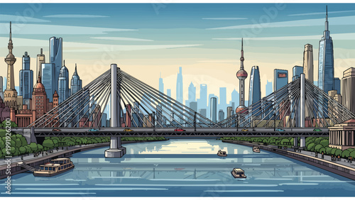 Panoramic Modern City Skyline with Cable-Stayed Bridge Spanning River and Skyscrapers - Urban Landscape Vector Art