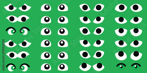 A colorful grid of various cartoon eyes on a bright green background