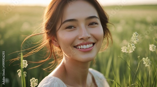Smiling Woman in Open Field at Golden Hour