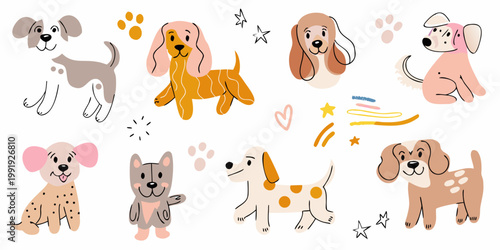 Collection of cute cartoon dogs with playful shapes and pastel colors