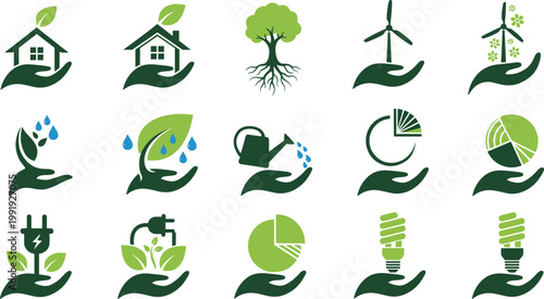 Sustainability and green energy icon set with eco house, wind turbine, water conservation, recycling and renewable energy symbols vector illustration