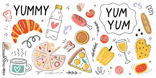 A colorful doodle illustration featuring various foods and the words yummy and yum